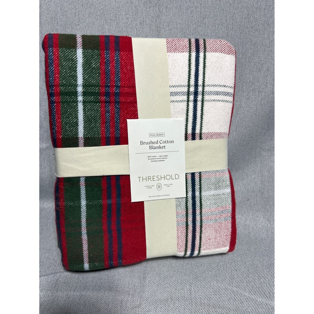 Threshold Brushed Cotton Blanket Full/Queen Red Green Plaid Bedding